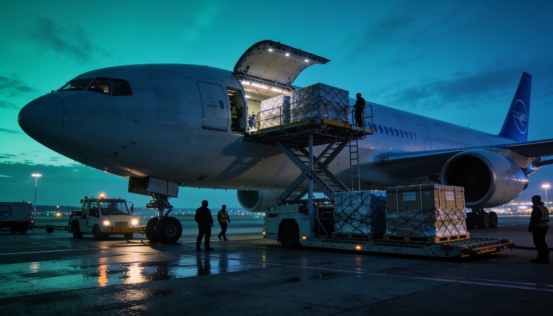 Frachtflugzeug wird in der Dämmerung auf dem Vorfeld beladen