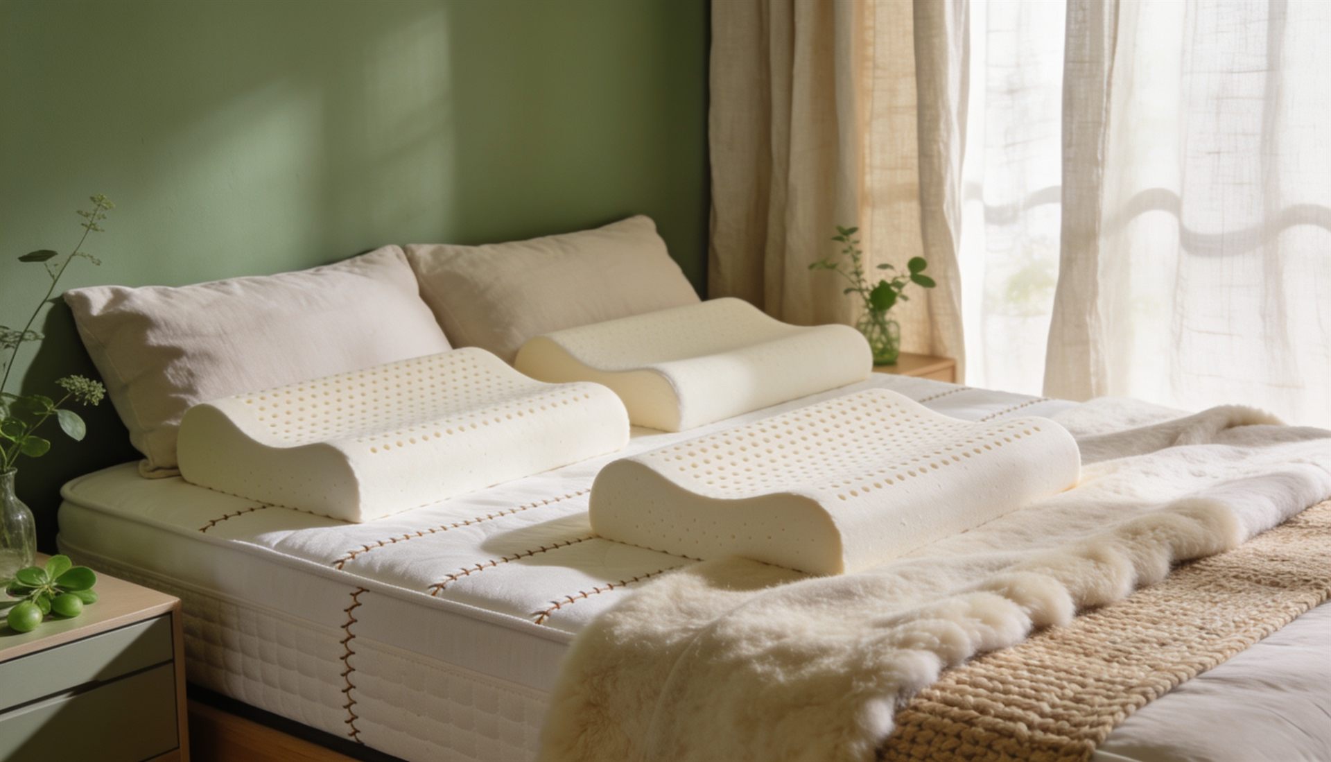 Naturlatex-Kissen und Matratze in einem ruhigen Schlafzimmer