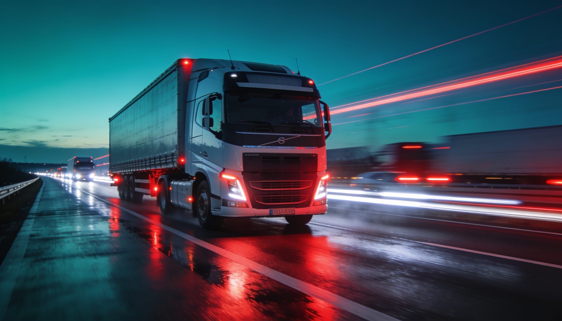 Frachtlaster auf der Autobahn in der Dämmerung